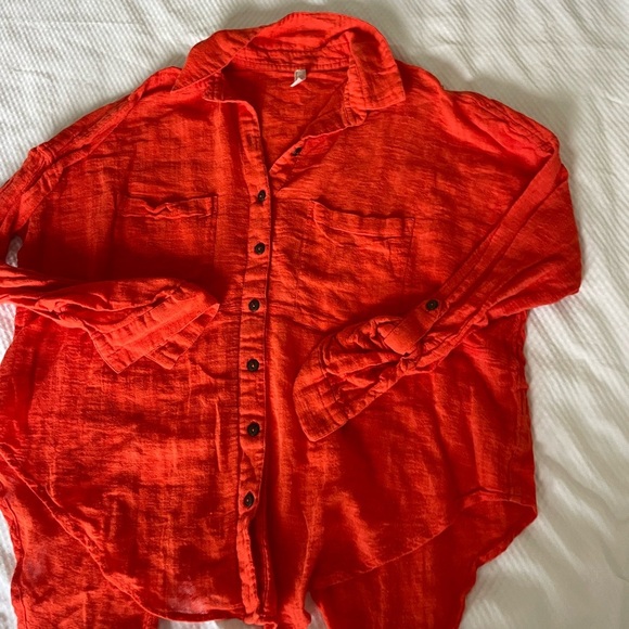 Free People Red Orange Gauzy Back Tie Boho top - Picture 3 of 10